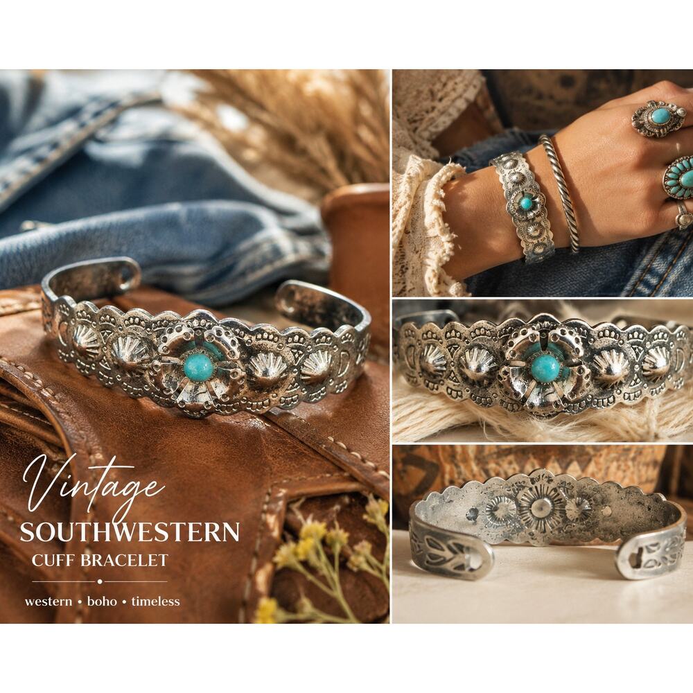Vintage Southwestern Silver Tone Turquoise color Cuff Bracelet Boho Western
